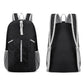 Black foldable drawstring backpack, front and back views with mesh side panels