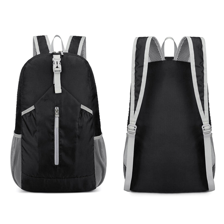Black foldable drawstring backpack, front and back views with mesh side panels