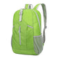 Green foldable hiking backpack with front zip pocket, top handle, and mesh side panels