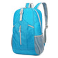 Blue foldable hiking backpack with front zip pocket, top handle, and mesh side panels