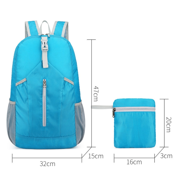 Blue foldable backpack with side mesh panels and small zip pouch accessory