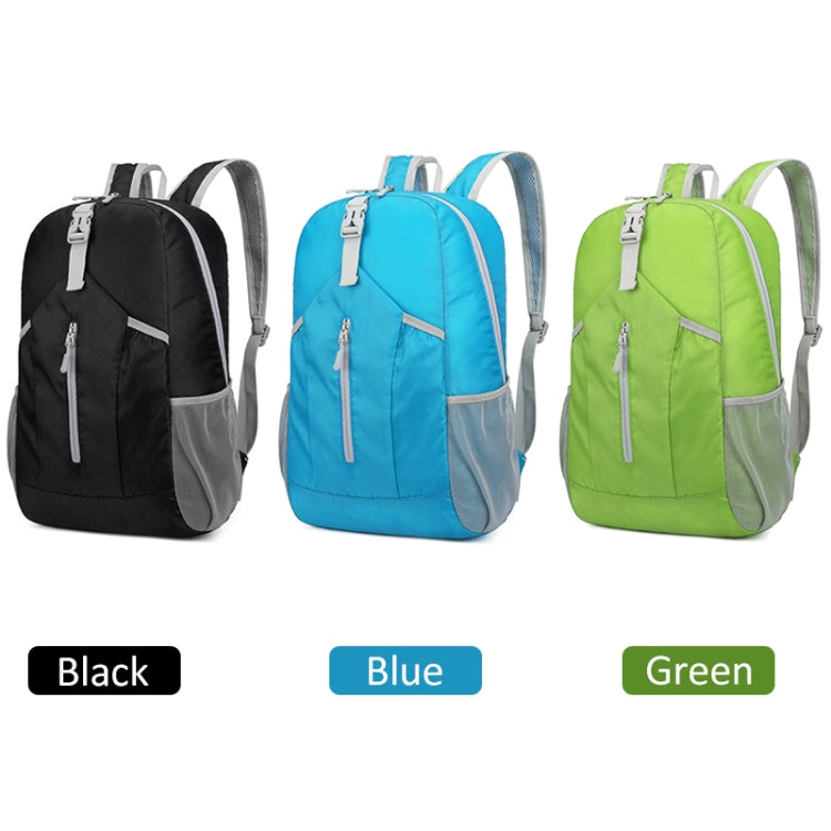 Hiking backpack set: black, blue, and green large foldable bags with zip fronts
