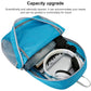 Open blue foldable backpack showing layered storage space and interior zip organizer