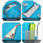 Blue backpack interior with internal zip pocket, front zip pocket, and side mesh pockets