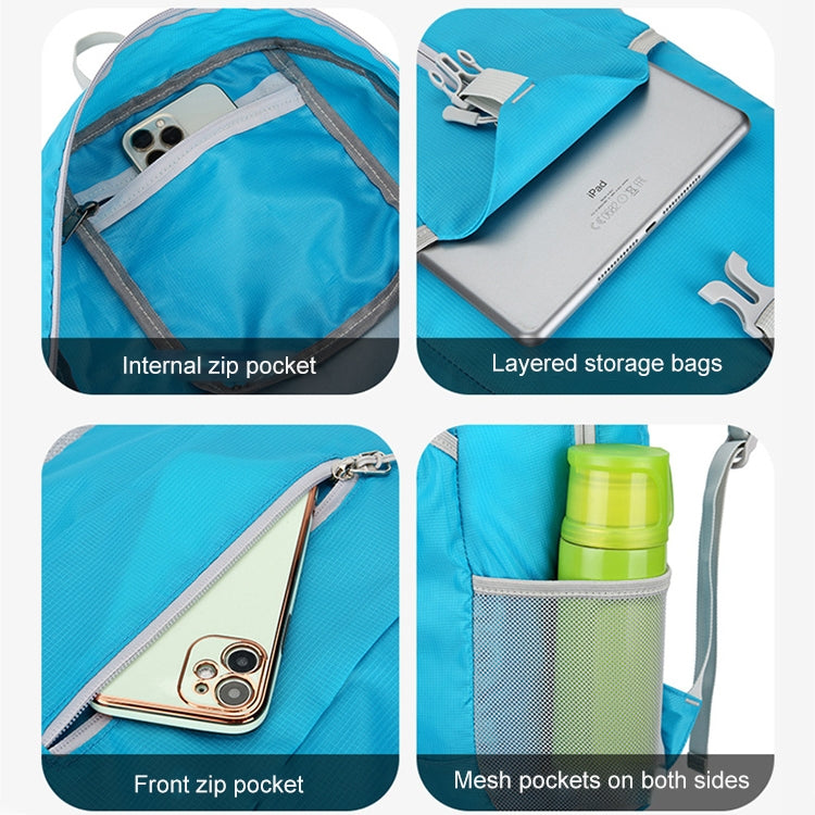 Blue backpack interior with internal zip pocket, front zip pocket, and side mesh pockets