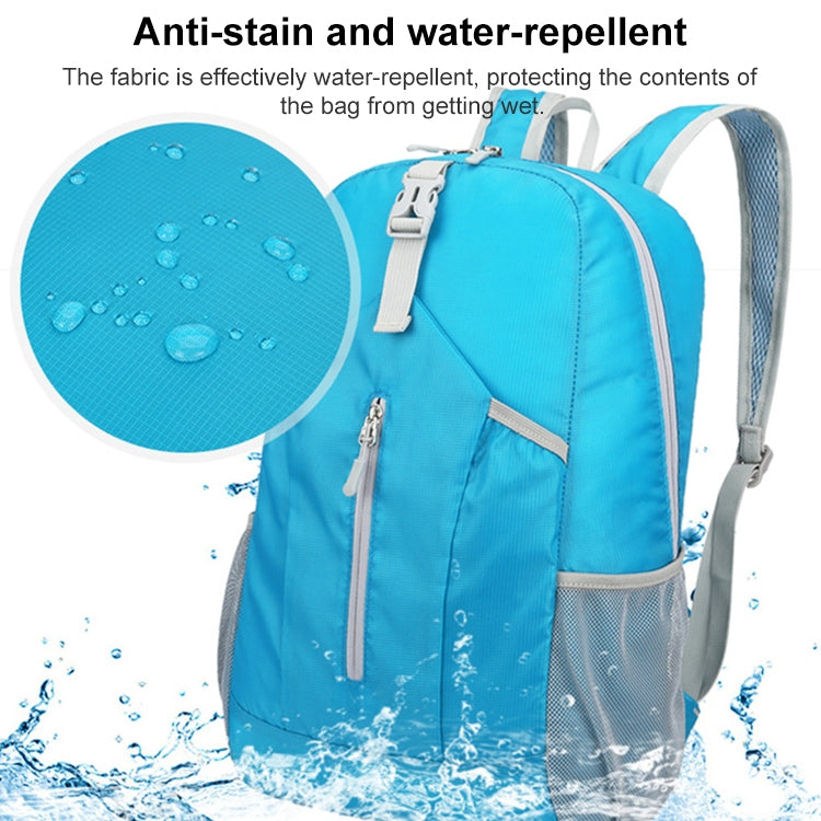 Blue foldable backpack with water droplets on the fabric and mesh side panels