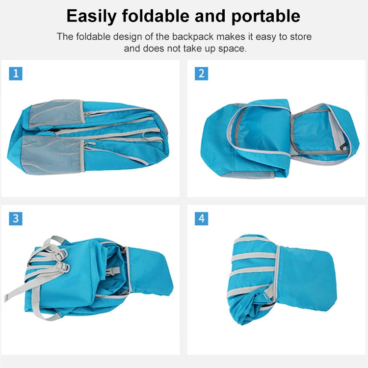 Foldable large-capacity hiking backpack, light blue with front zipper pocket and handles