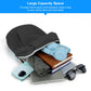Black backpack open to show spacious interior for carrying books and small electronics