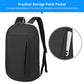 Black backpack with front zip pocket and side zipper storage panel