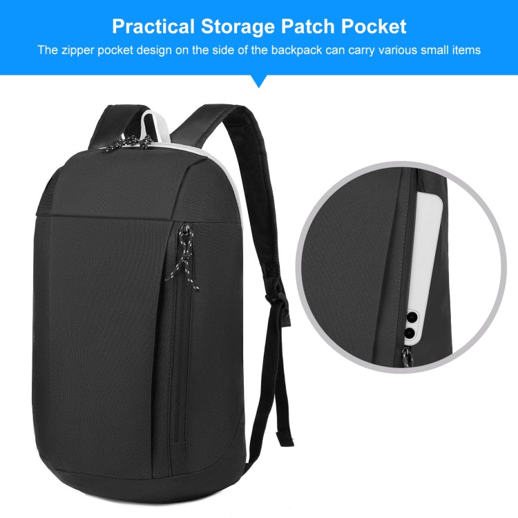 Black backpack with front zip pocket and side zipper storage panel