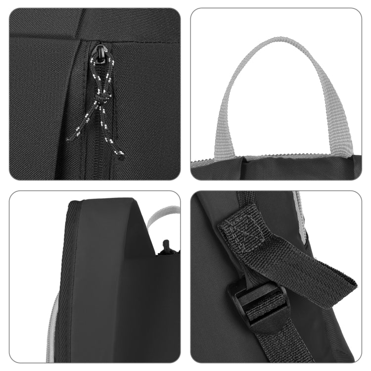 Black backpack close-up details: zipper pull, handle, and adjustable strap webbing