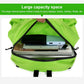 Bright green folding backpack with wide open top showing laptop and book storage.