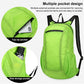 Bright green foldable backpack with multiple external pockets and front zip pocket detail.