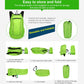 Bright green foldable backpack shown packed down and stored in a small carrying bag.
