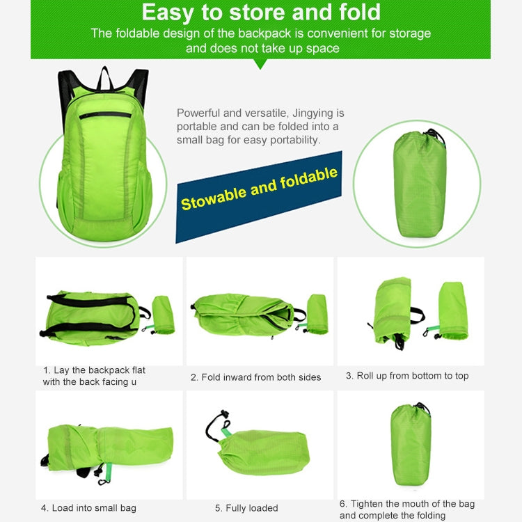 Bright green foldable backpack shown packed down and stored in a small carrying bag.