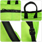 Bright green foldable backpack close-up of reinforced handle and black adjustable straps.