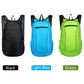 Foldable waterproof backpack in light blue, black, and green color options on a single card.