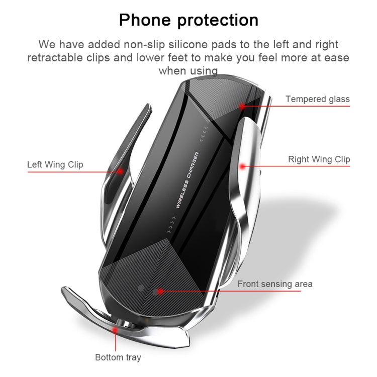Black magnetic wireless charging car phone holder with clips, pads, and front sensing area