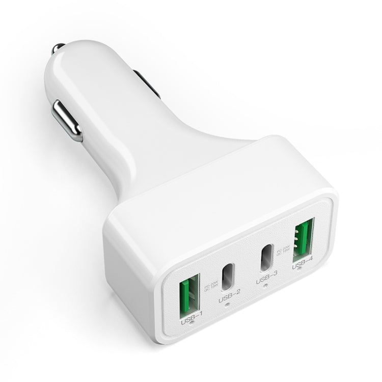 White car charger with dual USB ports, angled plug head