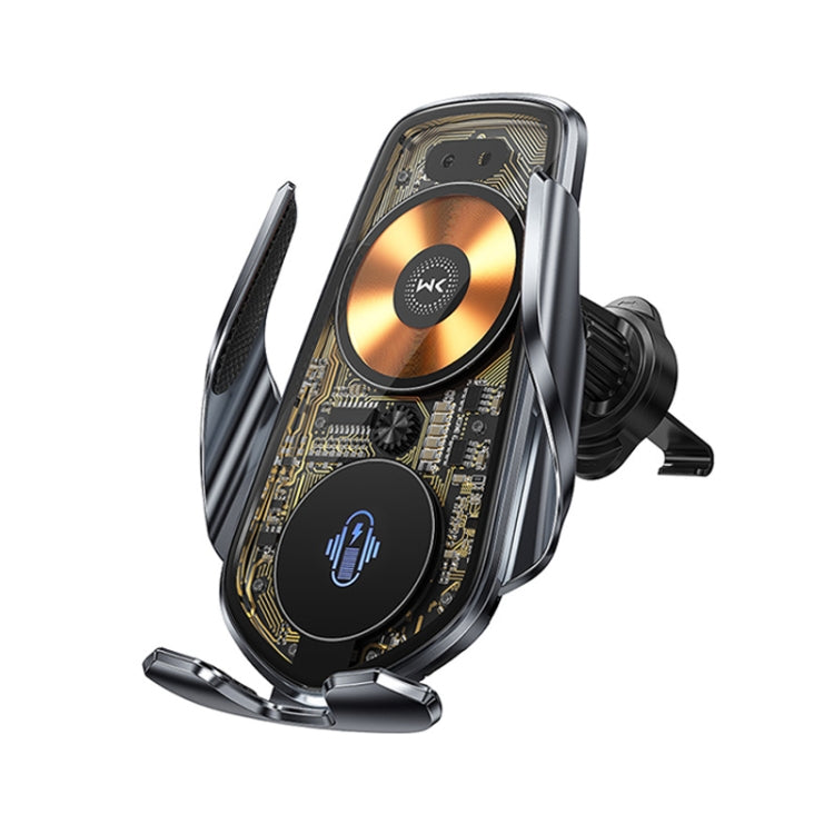 Black wireless car phone holder with dual charging pads and adjustable side clamps