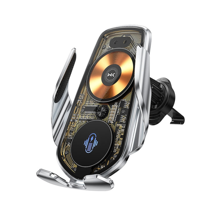 Silver wireless car phone holder with dual charging pads and adjustable side clamps