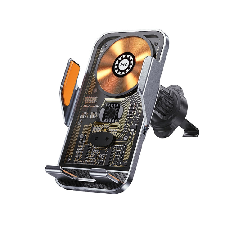 Wireless charging car holder with vent-style clamp mount, angled for a phone