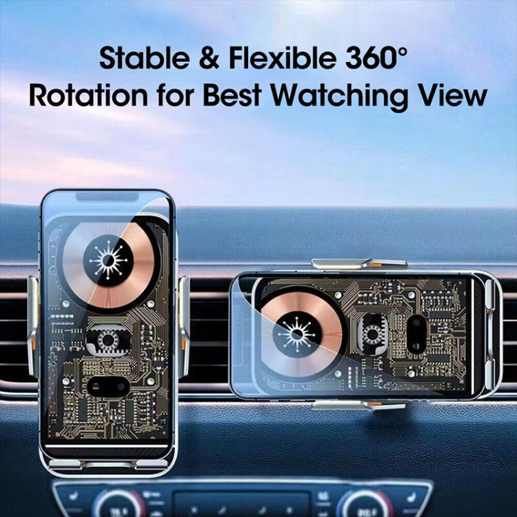 360° rotating wireless charging car holder with phone cradle on dashboard