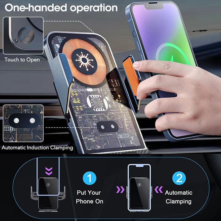 Touch-to-open wireless charging car holder with automatic clamping cradle