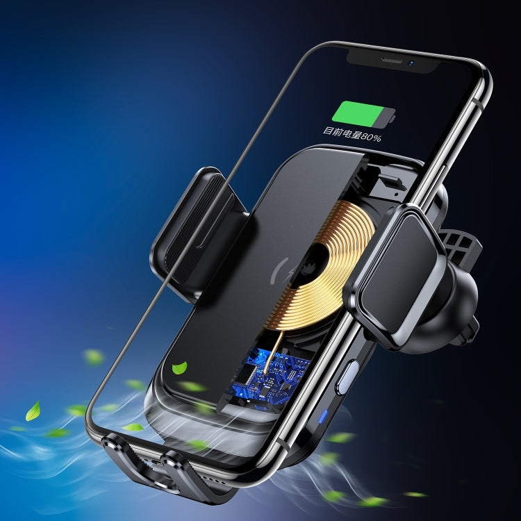 Car wireless charging gravity phone holder with spring-loaded clamp grips phone