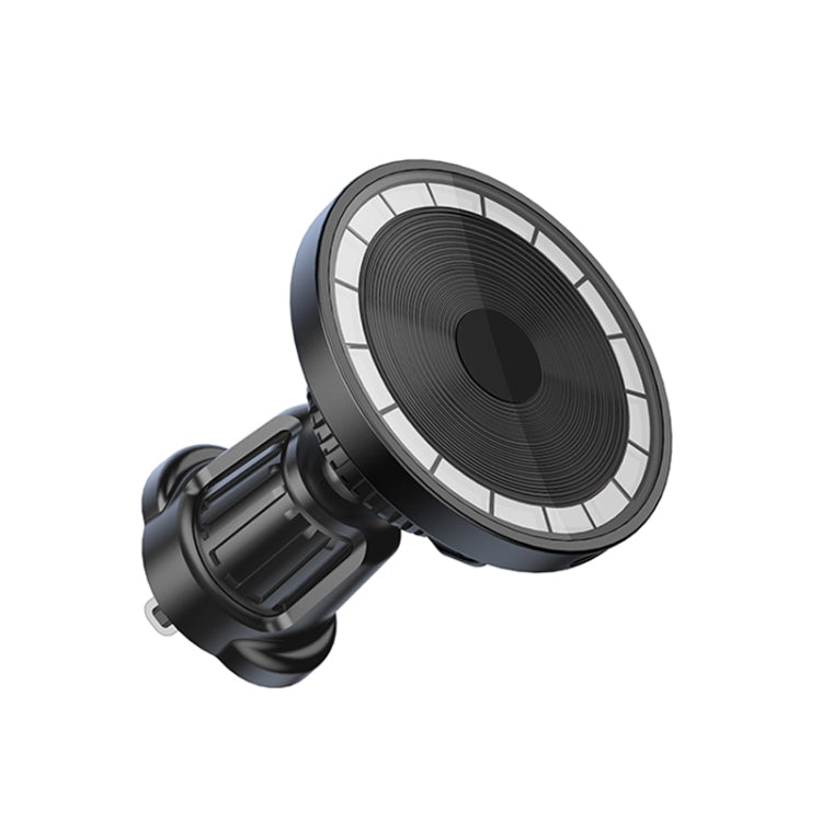 Magnetic car air vent phone holder with circular disc mount and clamp arms.