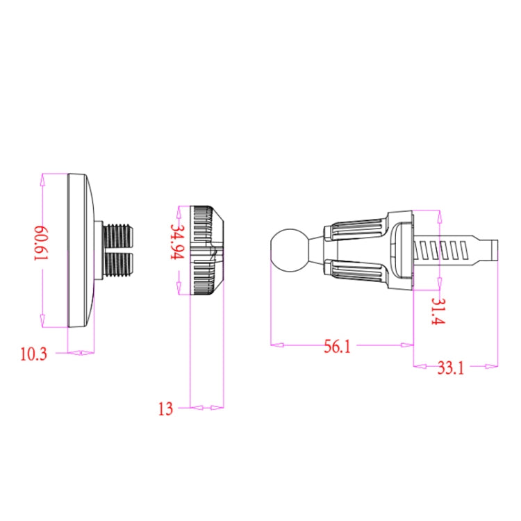 Car air vent phone holder with circular magnetic disc and vent clamp size diagram.