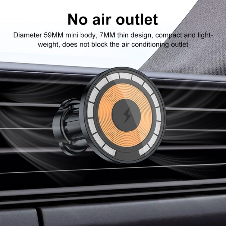 Magnetic car phone holder for air vent with slim clamp arm and circular disc.