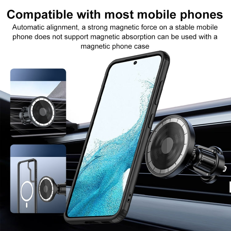 Magnetic car air vent phone holder with clamp mount holding a smartphone securely.