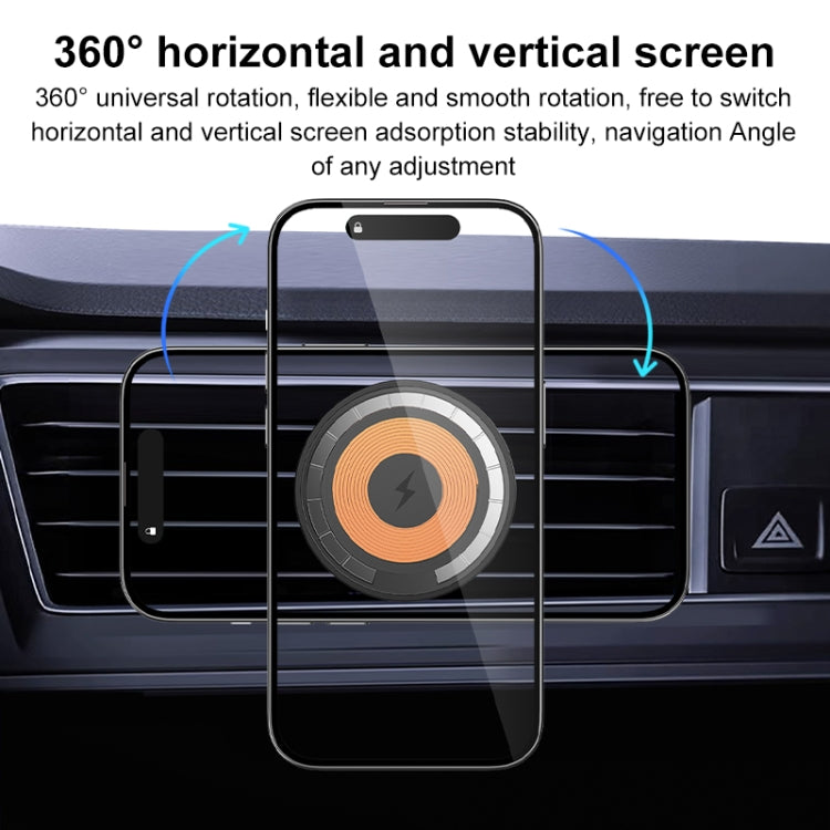 Magnetic car phone holder with circular disc and adjustable clamp arms for vents.