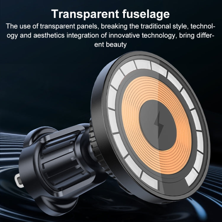 Transparent magnetic car air vent phone holder with orange coil ring and disc center.