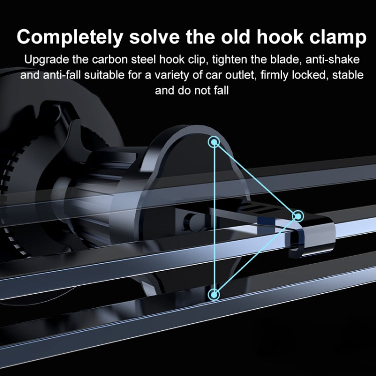 Clamp-style car air vent phone holder with secure locking clip and circular disc.
