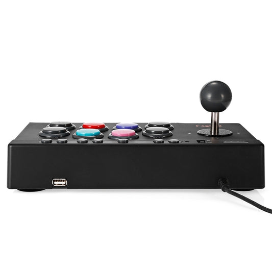 Black arcade game controller with ball-top joystick and colorful round buttons