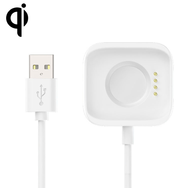 White magnetic watch charging base with USB plug, round contact pad, and charging cable