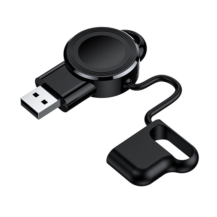 Black magnetic wireless charger for Apple Watch with USB cable and lanyard clip