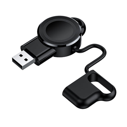 Black magnetic wireless charger for Apple Watch with USB cable and lanyard clip