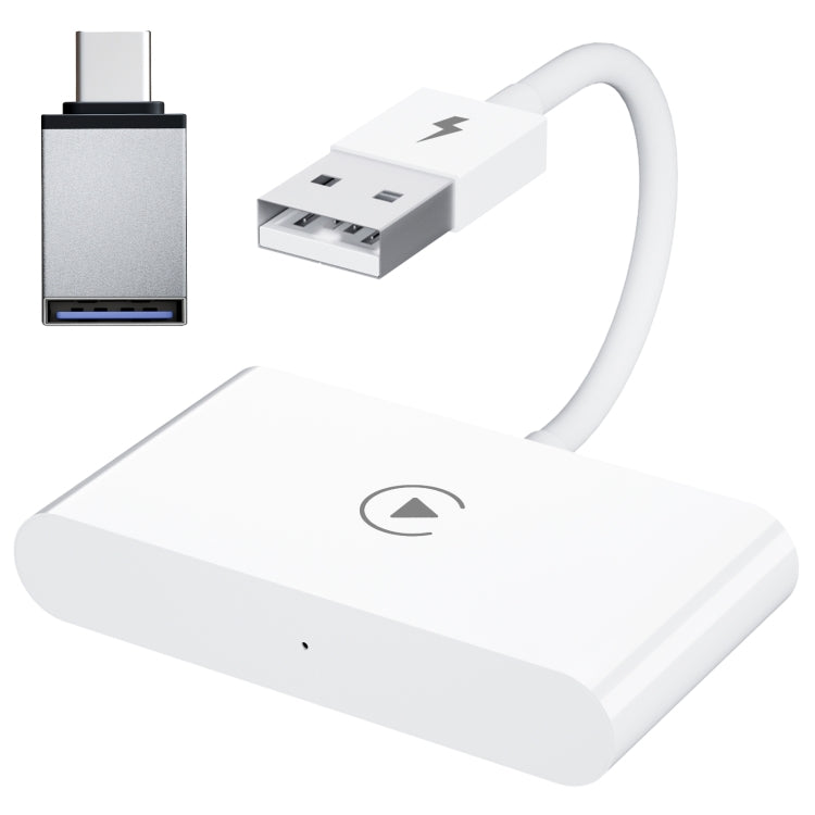 White rectangular wireless CarPlay adapter with USB connectors and charging cable