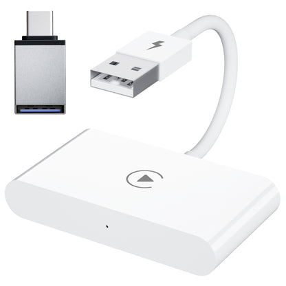 White rectangular wireless CarPlay adapter with USB connectors and charging cable