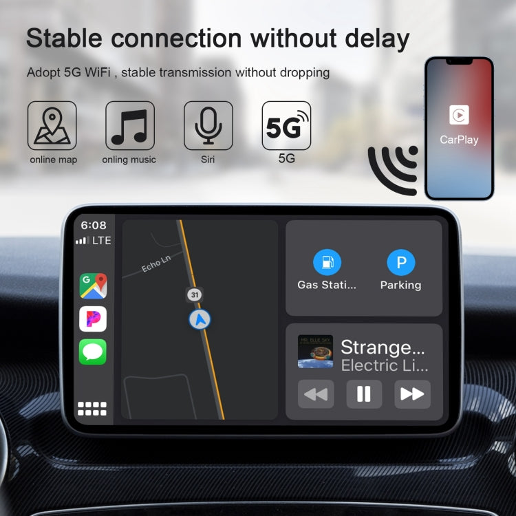CarPlay interface shown on dashboard display with wireless signal icon