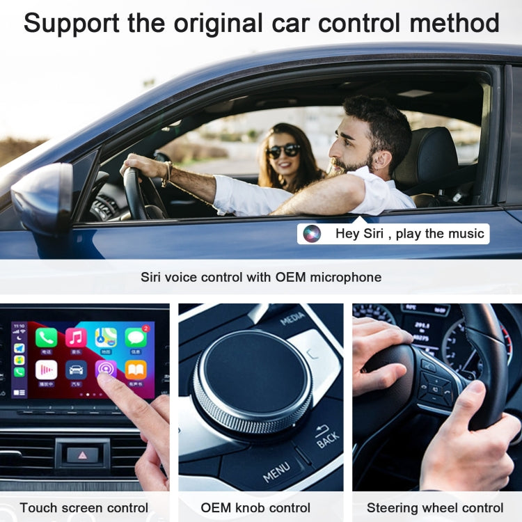 Wireless CarPlay control shown on car dashboard with steering wheel and Siri prompts