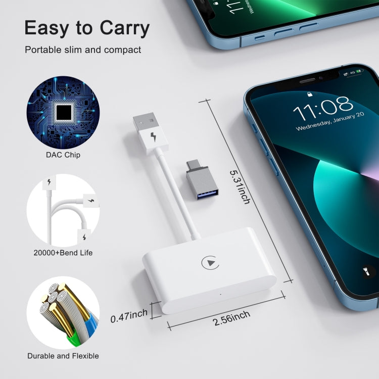 Compact white CarPlay adapter with slim USB cable and bend-resistant design