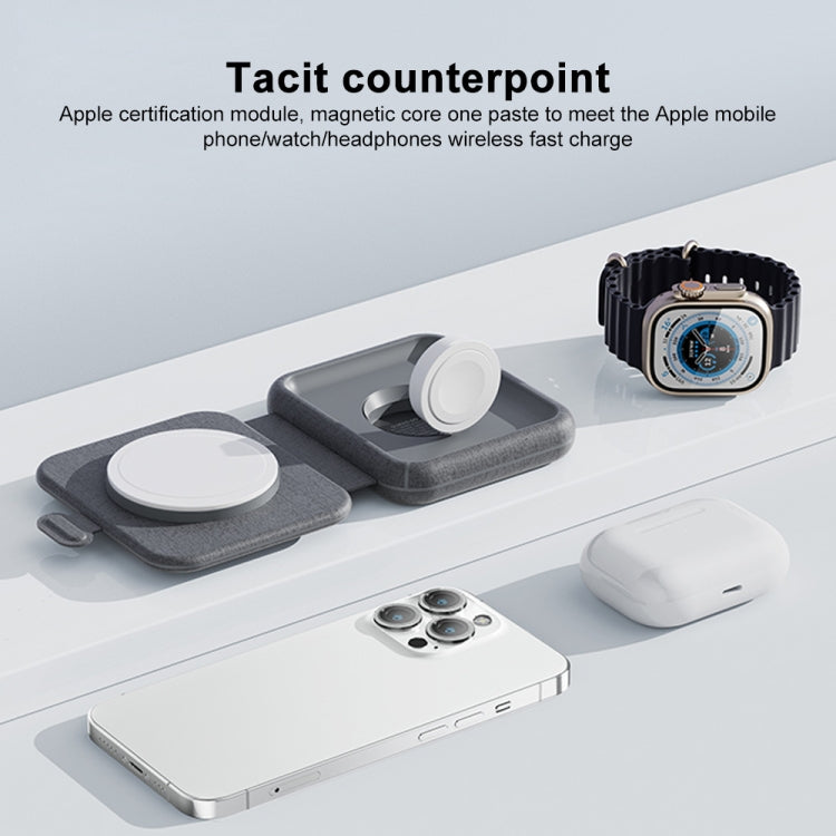 Gray foldable magnetic wireless charger with phone and watch charging slots
