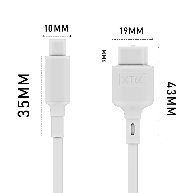 USB-C to XT60 cable size diagram with white connectors and measurements