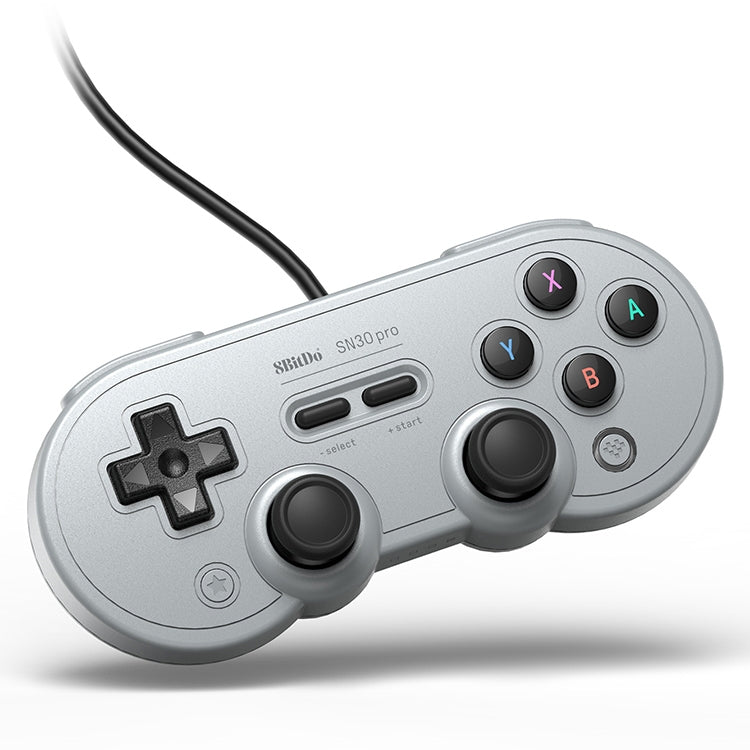 Grey wired gamepad with ABXY face buttons, D-pad, and two analog sticks