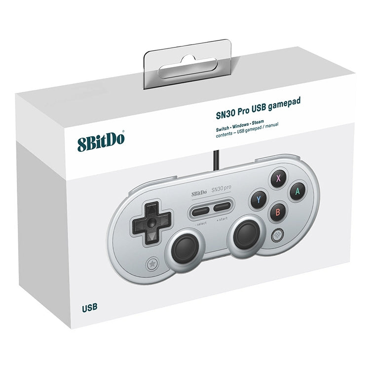 Grey SN30 Pro USB wired gamepad retail box with controller front view