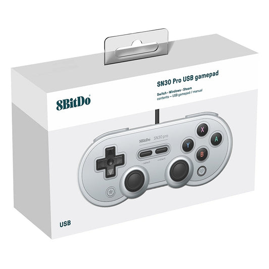 Grey SN30 Pro USB wired gamepad retail box with controller front view